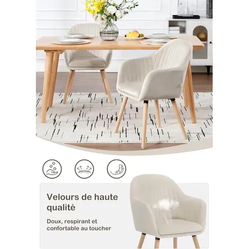 Chaise De Salle à Manger En Velours + Bois Massif Chaise De Relax Chaise De Salon Crème Blanc