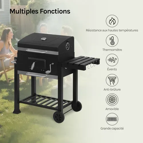 Barbecue Au Charbon De Bois.Barbecue Réglable En Hauteur Et Avec Roues. 113x45.5x100 Cm.Noir