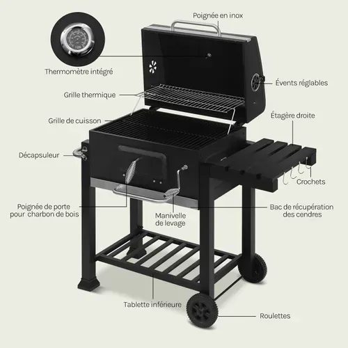 Barbecue Au Charbon De Bois.Barbecue Réglable En Hauteur Et Avec Roues. 113x45.5x100 Cm.Noir