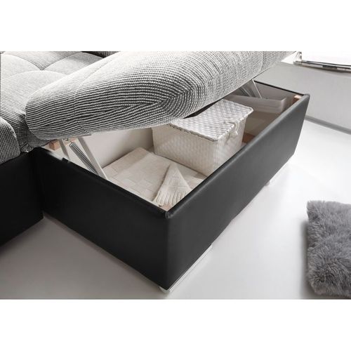 Canapé panoramique convertible gauche JAKARTA tissu gris clair et PU/PVC