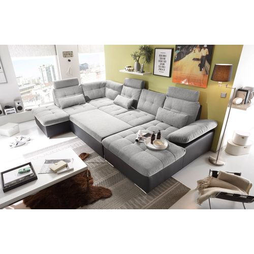 Canapé panoramique convertible gauche JAKARTA tissu gris clair et PU/PVC