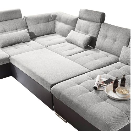 Canapé panoramique convertible gauche JAKARTA tissu gris clair et PU/PVC