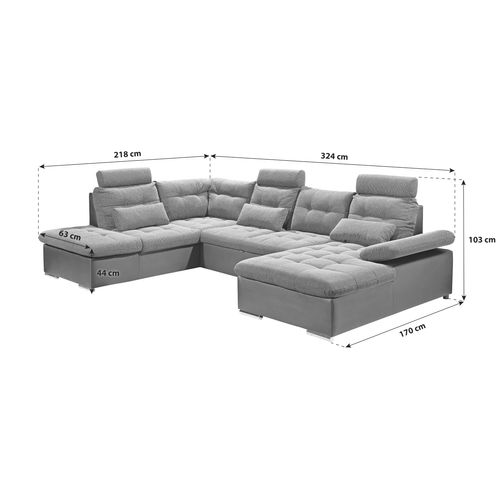 Canapé panoramique convertible gauche JAKARTA tissu gris clair et PU/PVC