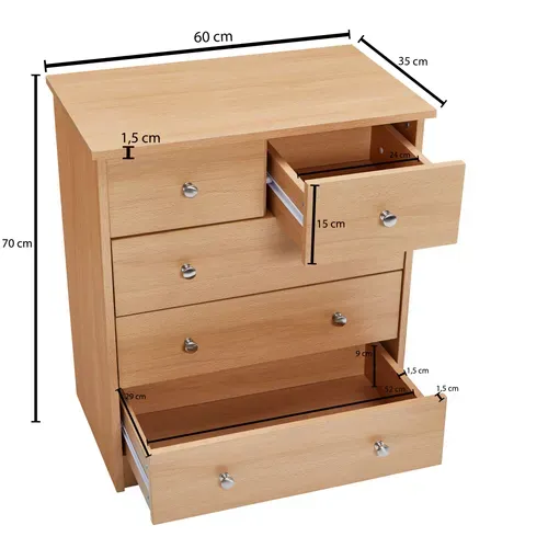 Commode 60x70x35cm Avec 5 Tiroirs Bois Étagère Fermée