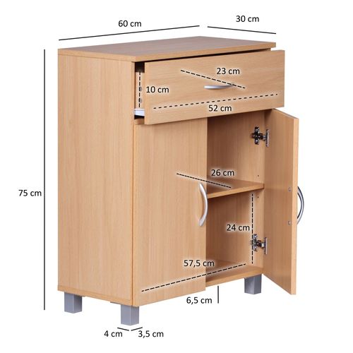 Meuble De Rangement 60x75x30 cm 2 Portes Et 1 Tiroir Bois Étagère Fermée