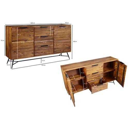 Buffet 160 Cm Bois Massif Sheesham Commode Portes Armoire Industriel