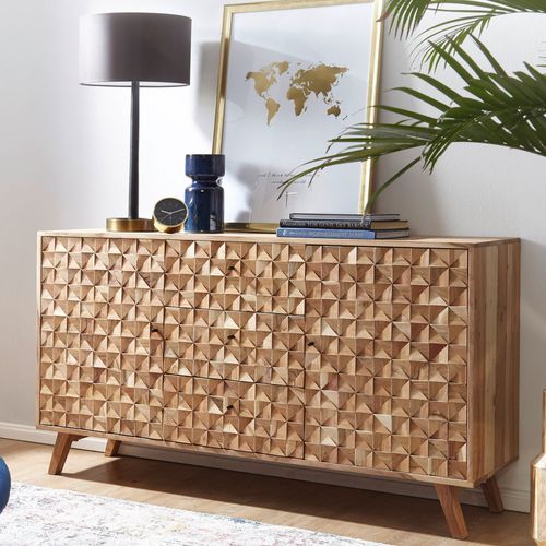 Buffet 140 Cm Bois Massif Acacia Commode Portes Armoire Moderne