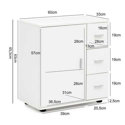 Armoire De Salle De Bain 60x65,5x33cm Commode Avec Tiroir Et Porte Blanc