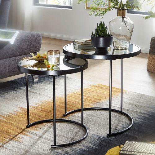 Table Basse Table D'appoint Ronde En Verre Miroir Noir En 2 Parties