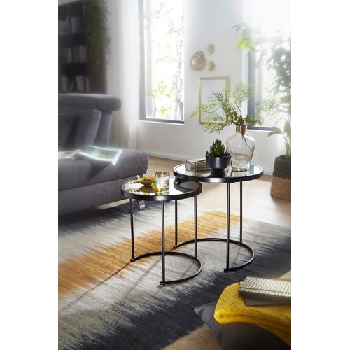 Table Basse Table D'appoint Ronde En Verre Miroir Noir En 2 Parties