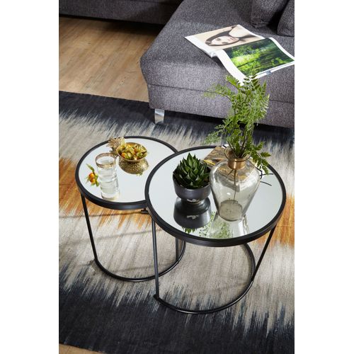 Table Basse Table D'appoint Ronde En Verre Miroir Noir En 2 Parties