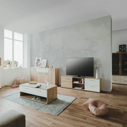 Meuble TV L.160 TOLEDO décor chêne sonoma/blanc vue d'ambiance 1