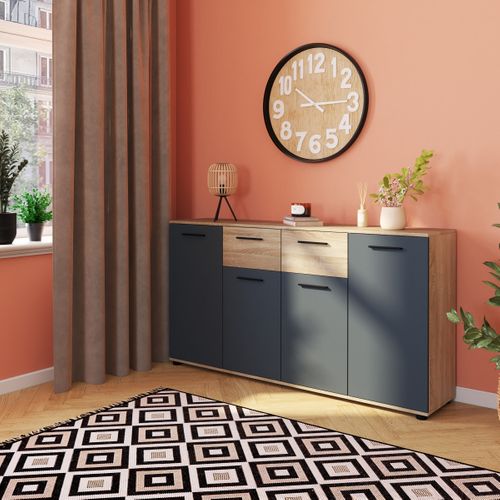 Buffet 4 portes/2 tiroirs TOLEDO décor chêne sonoma/gris