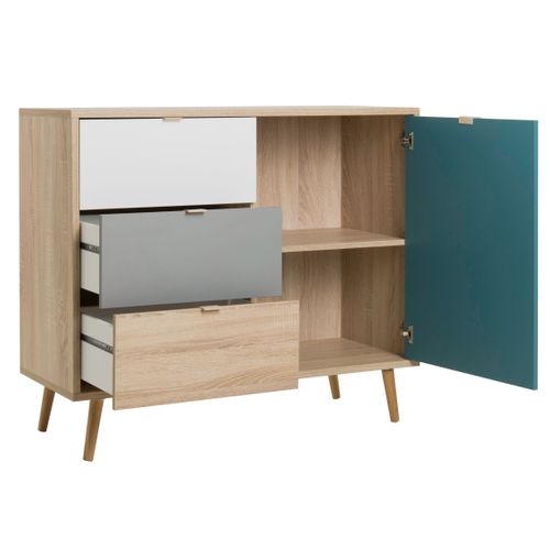 Rangement scandinave ARUBA Chêne, gris, bleu et blanc