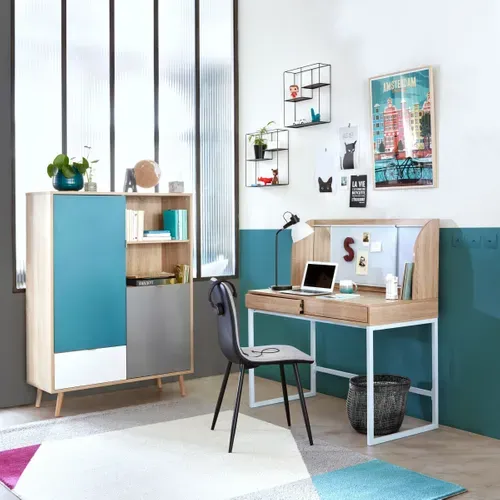 Buffet haut scandinave H. 140cm ARUBA Chêne, bleu, gris et blanc