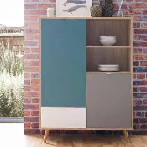 Buffet haut scandinave H. 140cm ARUBA Chêne, bleu, gris et blanc