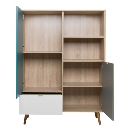 Buffet haut scandinave H. 140cm ARUBA Chêne, bleu, gris et blanc