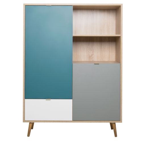 Buffet haut scandinave H. 140cm ARUBA Chêne, bleu, gris et blanc