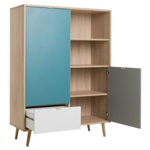 Buffet haut scandinave H. 140cm ARUBA Chêne, bleu, gris et blanc