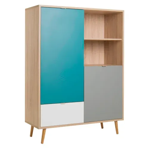 Buffet haut scandinave H. 140cm ARUBA Chêne, bleu, gris et blanc