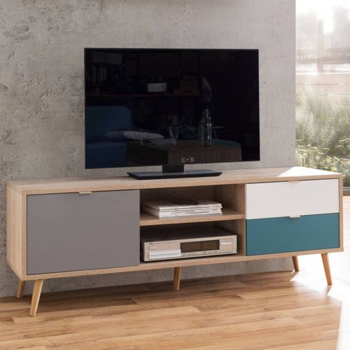 Meuble TV scandinave ARUBA Chêne, gris, bleu et blanc vue d'ambiance 1