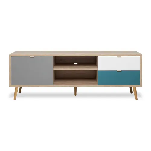 Meuble TV scandinave ARUBA Chêne, gris, bleu et blanc vue de face