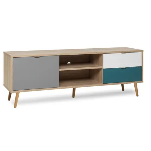 Meuble TV scandinave ARUBA Chêne, gris, bleu et blanc vue de profil