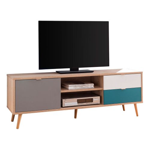 Meuble TV scandinave ARUBA Chêne, gris, bleu et blanc vue 3/4