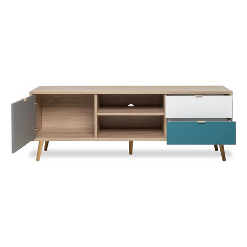 Meuble TV scandinave ARUBA Chêne, gris, bleu et blanc