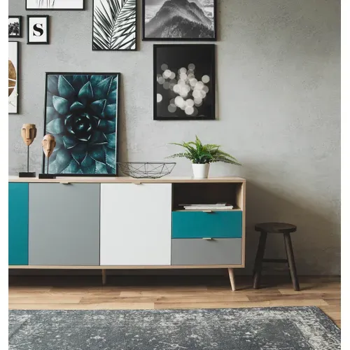 Buffet scandinave ARUBA Chêne, bleu, gris et blanc