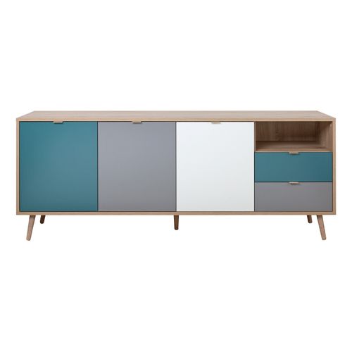 Buffet scandinave ARUBA Chêne, bleu, gris et blanc vue de face