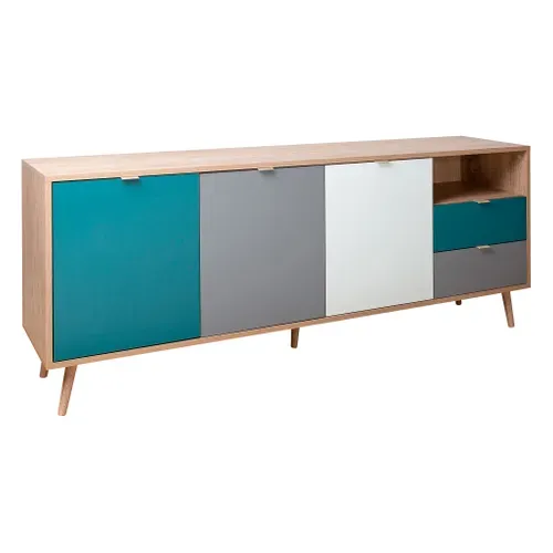 Buffet scandinave ARUBA Chêne, bleu, gris et blanc vue 3/4