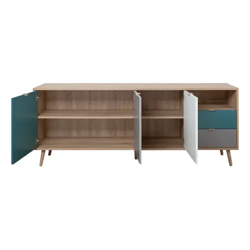 Buffet scandinave ARUBA Chêne, bleu, gris et blanc