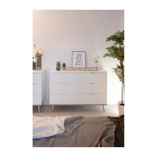 Commode Göteborg 6 Tiroirs  Décor Chene Sonoma Blanc  L 120 X P 40 X H 86,5 Cm
