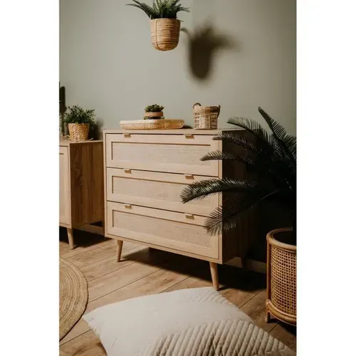 Commode 3 Tiroirs Trompe L'oeil Cannage - Décor Chêne Sonoma - L 80 X P 40 X H 80 Cm - Bali