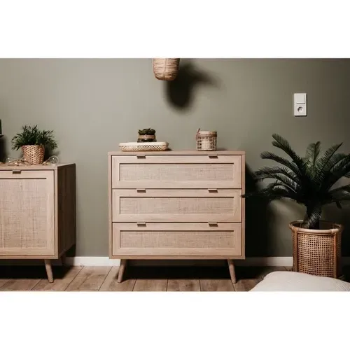 Commode 3 Tiroirs Trompe L'oeil Cannage - Décor Chêne Sonoma - L 80 X P 40 X H 80 Cm - Bali