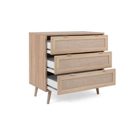 Commode 3 Tiroirs Trompe L'oeil Cannage - Décor Chêne Sonoma - L 80 X P 40 X H 80 Cm - Bali