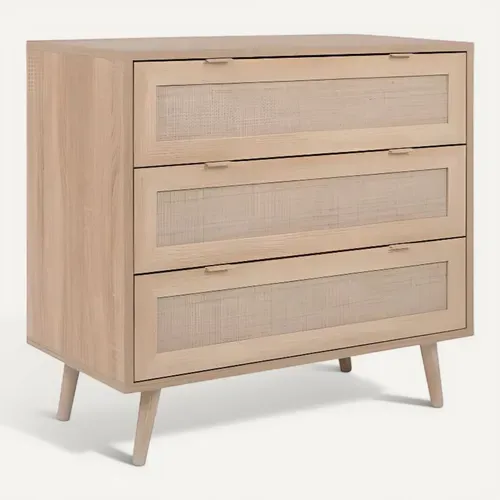 Commode 3 Tiroirs Trompe L'oeil Cannage - Décor Chêne Sonoma - L 80 X P 40 X H 80 Cm - Bali
