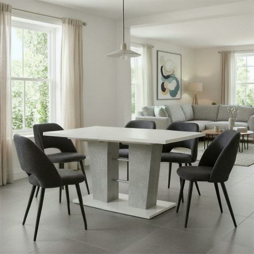 Table extensible L.140 à 180 cm LEXIE blanc et imitation béton vue d'ambiance 1