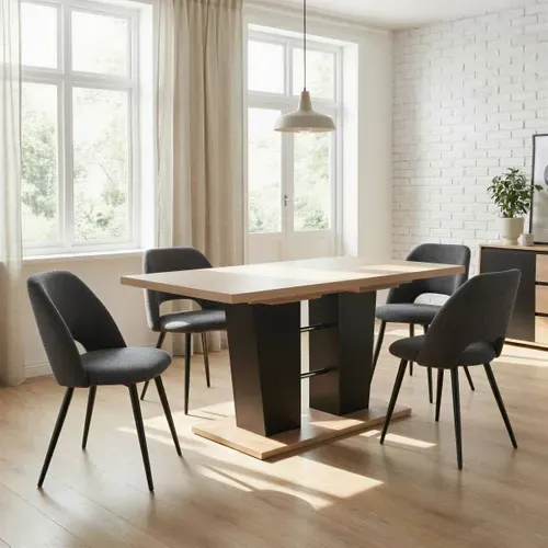 Table extensible L.140 à 180 cm LEXIE imitation chêne et noir vue d'ambiance 1