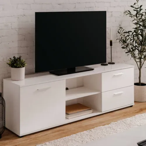 Meuble TV L.160 cm TOLEDO blanc brillant vue d'ambiance 1
