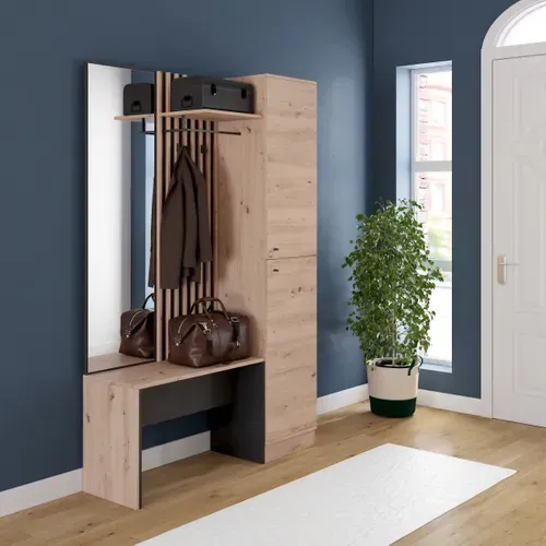 Vestiaire avec banc et miroir MEGANE gris et imitation chêne vue d'ambiance 1