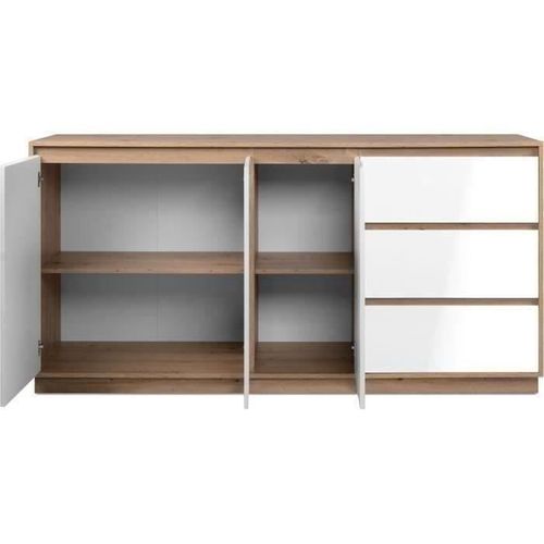 Buffet - Phoenix - Décor Chene Artisan / Blanc Hgl - 3 Portes - 3 Tiroirs - 178 X 88 X 40 Cm