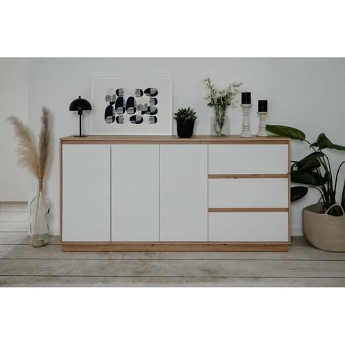 Buffet - Phoenix - Décor Chene Artisan / Blanc Hgl - 3 Portes - 3 Tiroirs - 178 X 88 X 40 Cm