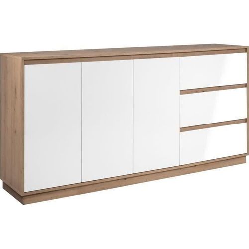 Buffet - Phoenix - Décor Chene Artisan / Blanc Hgl - 3 Portes - 3 Tiroirs - 178 X 88 X 40 Cm