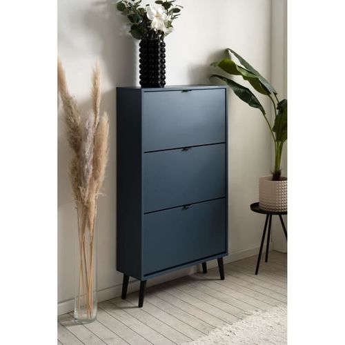 Meuble à Chaussures - Vigo 49a - Bleu Nuit - Pieds En Bois Massif - 70 X 24 X 125 Cm