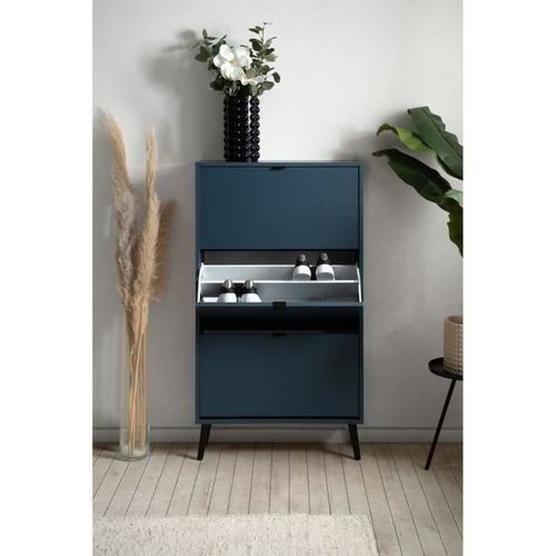 Meuble à Chaussures - Vigo 49a - Bleu Nuit - Pieds En Bois Massif - 70 X 24 X 125 Cm