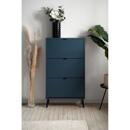 Meuble à Chaussures - Vigo 49a - Bleu Nuit - Pieds En Bois Massif - 70 X 24 X 125 Cm