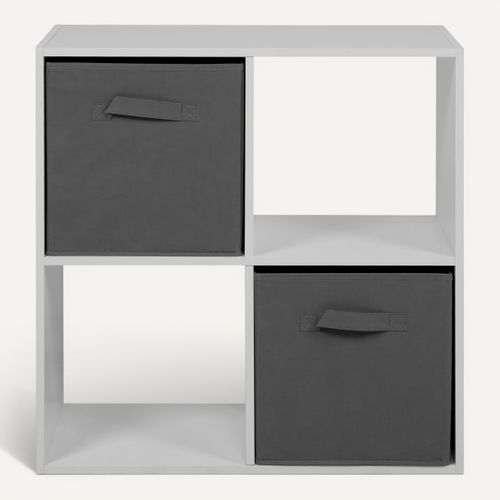 Rangement 4 cubes blanc CUBIK avec 2 paniers tissu gris vue de face
