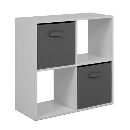Rangement 4 cubes blanc CUBIK avec 2 paniers tissu gris vue de profil